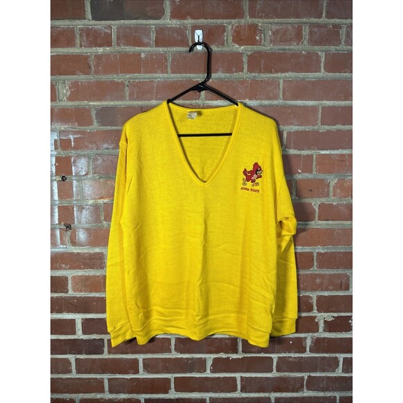 Vintage 70s/80s Collegiate Pacific Iowa State V-Neck Sweater Yellow Adult XL - Picture 1 of 7